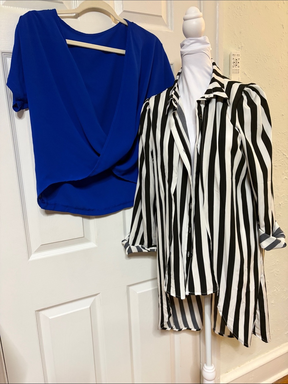2 Women's Draped V-Neck Top in Royal Blue/ one black stripe